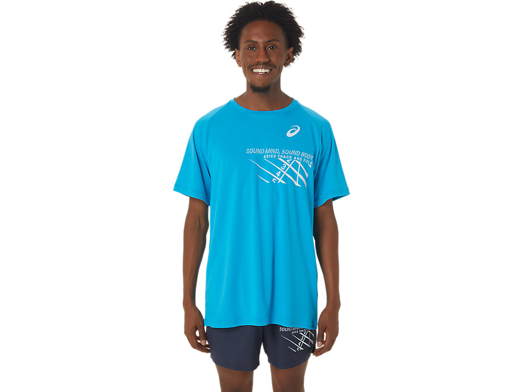 Asics Finish Line Grafika Sleeve Tricko Panske Modre | 2976-KNZWB