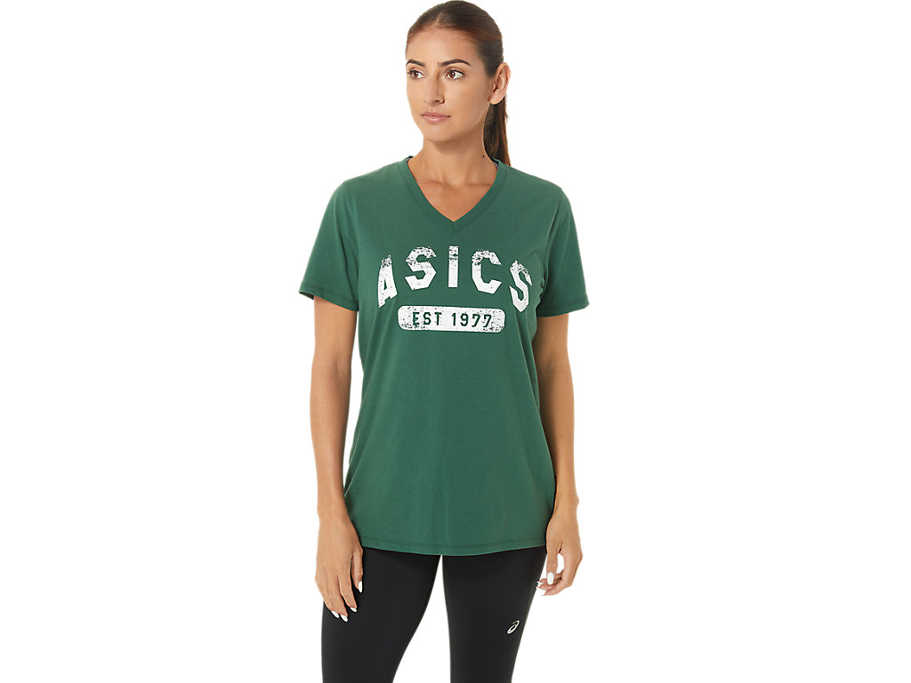 Asics Kratke Sleeve Est 1977 V-Neck Tee Tricko Damske Zelene | 1804-IDZWX