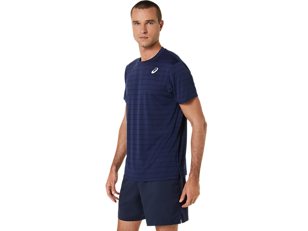 Asics Court Stripe Sleeve Tricko Panske Tmavo Modre | 9605-BOZID