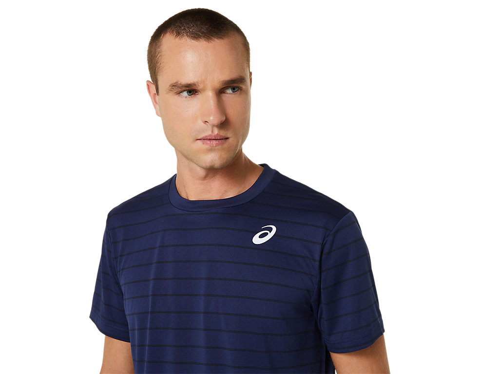 Asics Court Stripe Sleeve Tricko Panske Tmavo Modre | 9605-BOZID