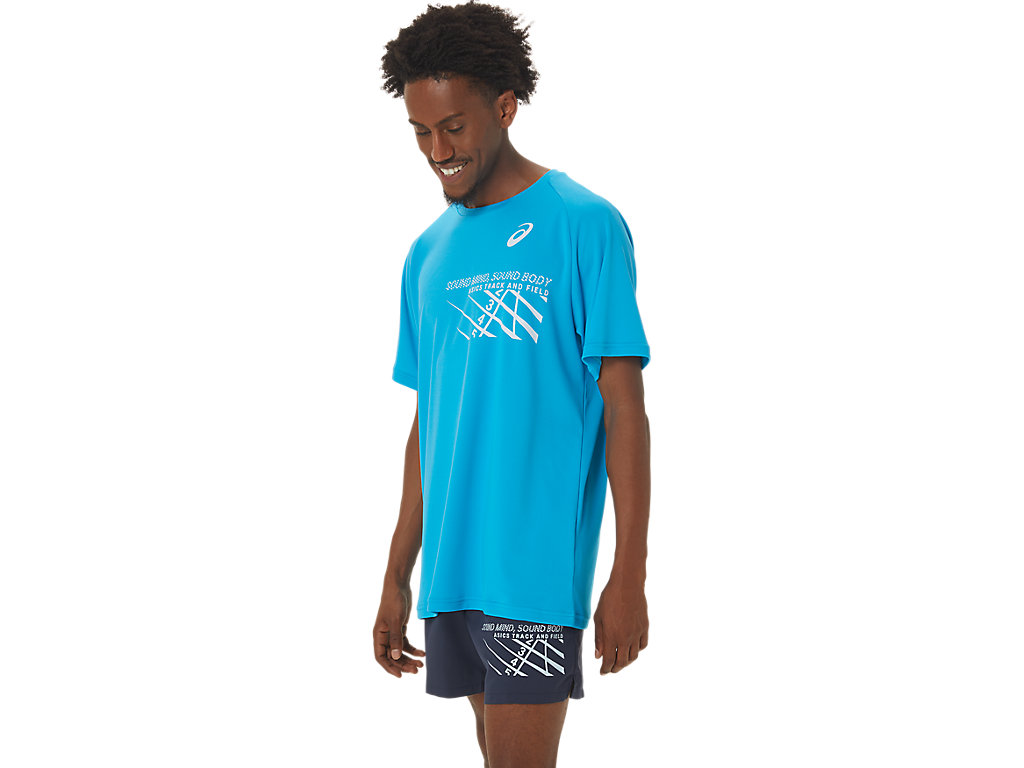 Asics Finish Line Grafika Sleeve Tricko Panske Modre | 2976-KNZWB