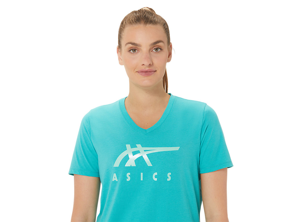 Asics Stripes V-Neck Tricko Damske Tyrkysové | 7063-VSUJX